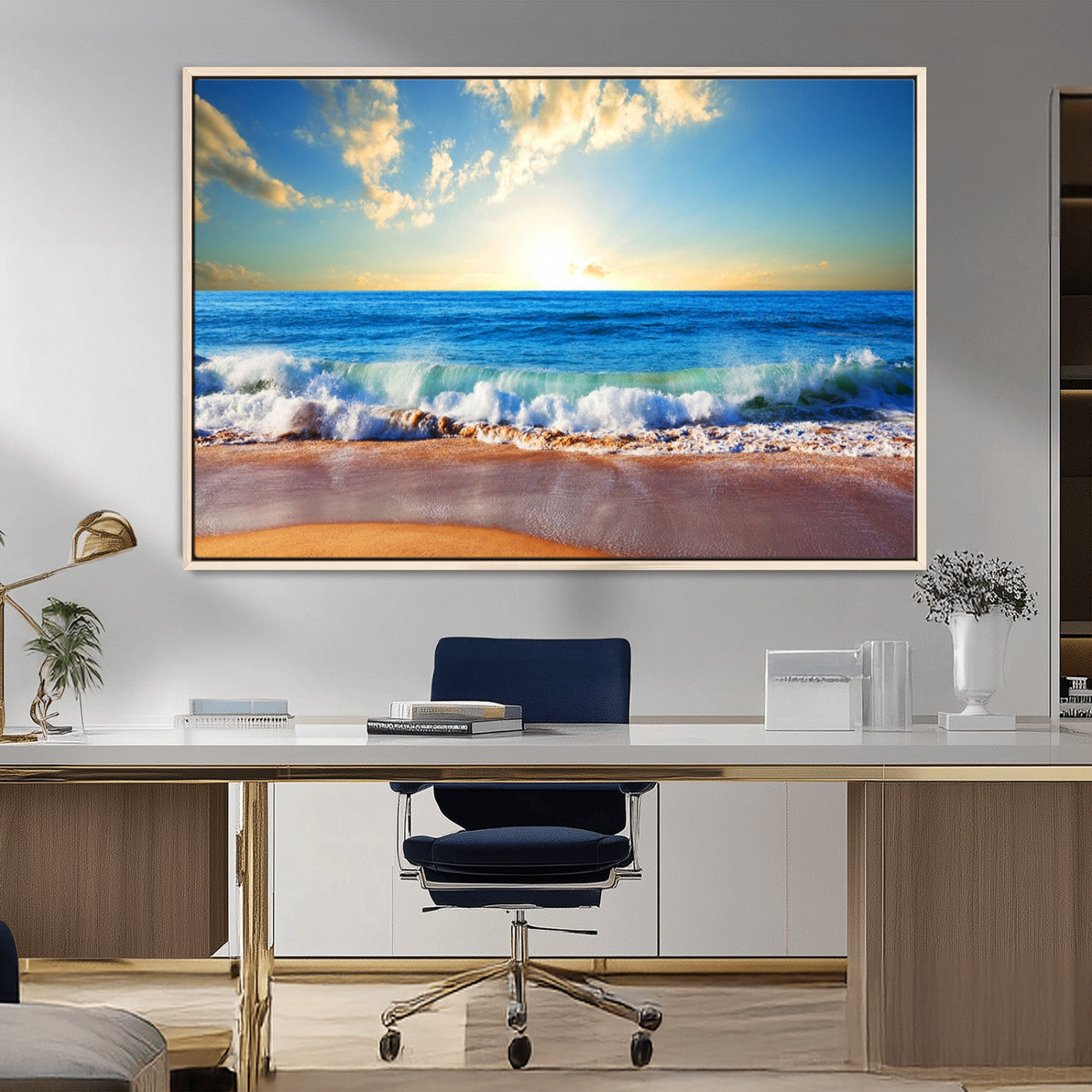 50522-MGV-CV-36X24-Ocean Sunrise Wall Art – Peaceful Beach Waves and Golden Horizon Canvas Print, Coastal Seascape Decor for Home or Office