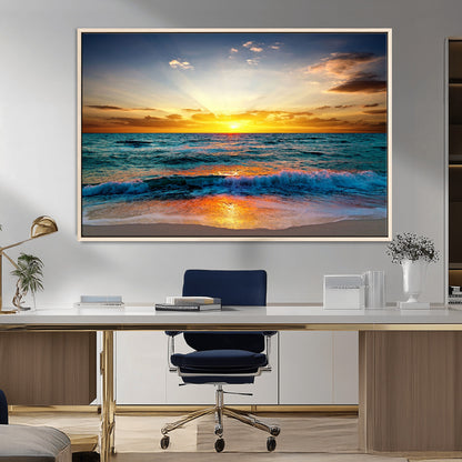 50627-MGV-CV-36X24-Ocean Sunset Wall Art – Serene Beach Canvas Print with Waves and Golden Sky, Coastal Decor for Living Room or Office