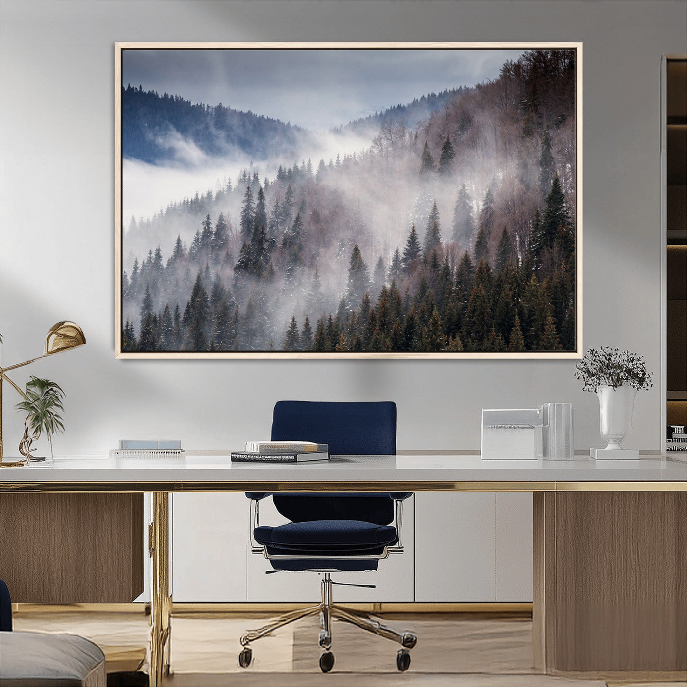 18459-MGV-CV-36X24-Misty Pine Forest Wall Art – Serene Mountain Landscape Canvas Print, Tranquil Nature Artwork for Living Room, Bedroom, Cabin or