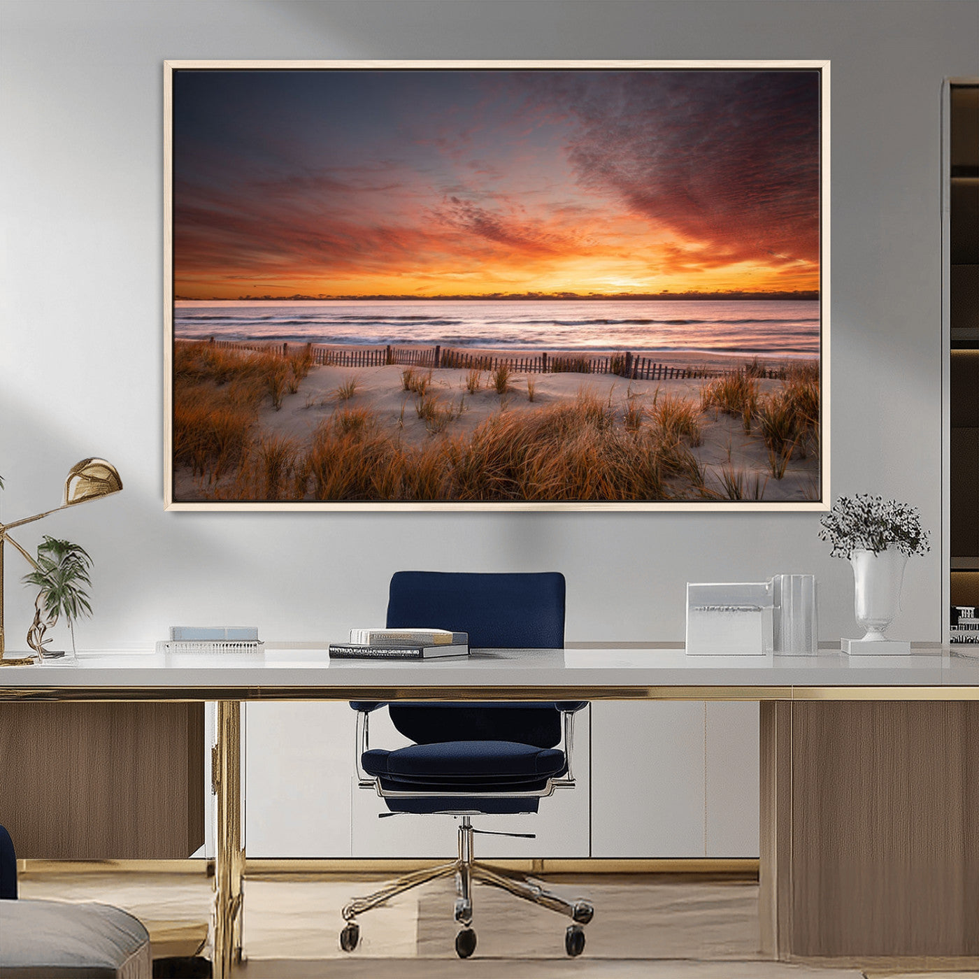 90176-MGV-CV-36X24-Beach Sunset Wall Art – Coastal Sand Dune Canvas Print with Ocean Waves and Dramatic Sky, Seaside Landscape Decor for Living Room