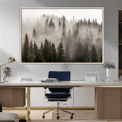 62862-MGV-CV-36X24-Misty Forest Wall Art – Tranquil Pine Tree Canvas Print with Mountain Fog, Nature Landscape Artwork for Living Room, Bedroom, or