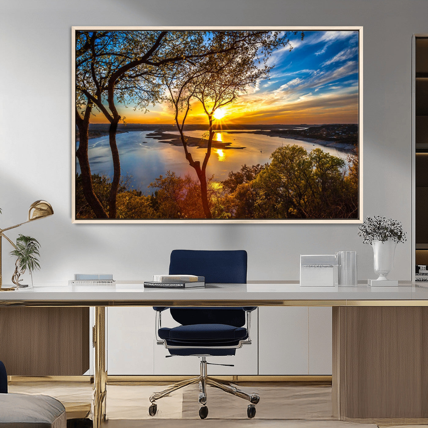 66839-MGV-CV-36X24-Lake Sunset Wall Art – Golden Hour Canvas Print with Trees and Water Reflection, Scenic Landscape Photography for Living Room,