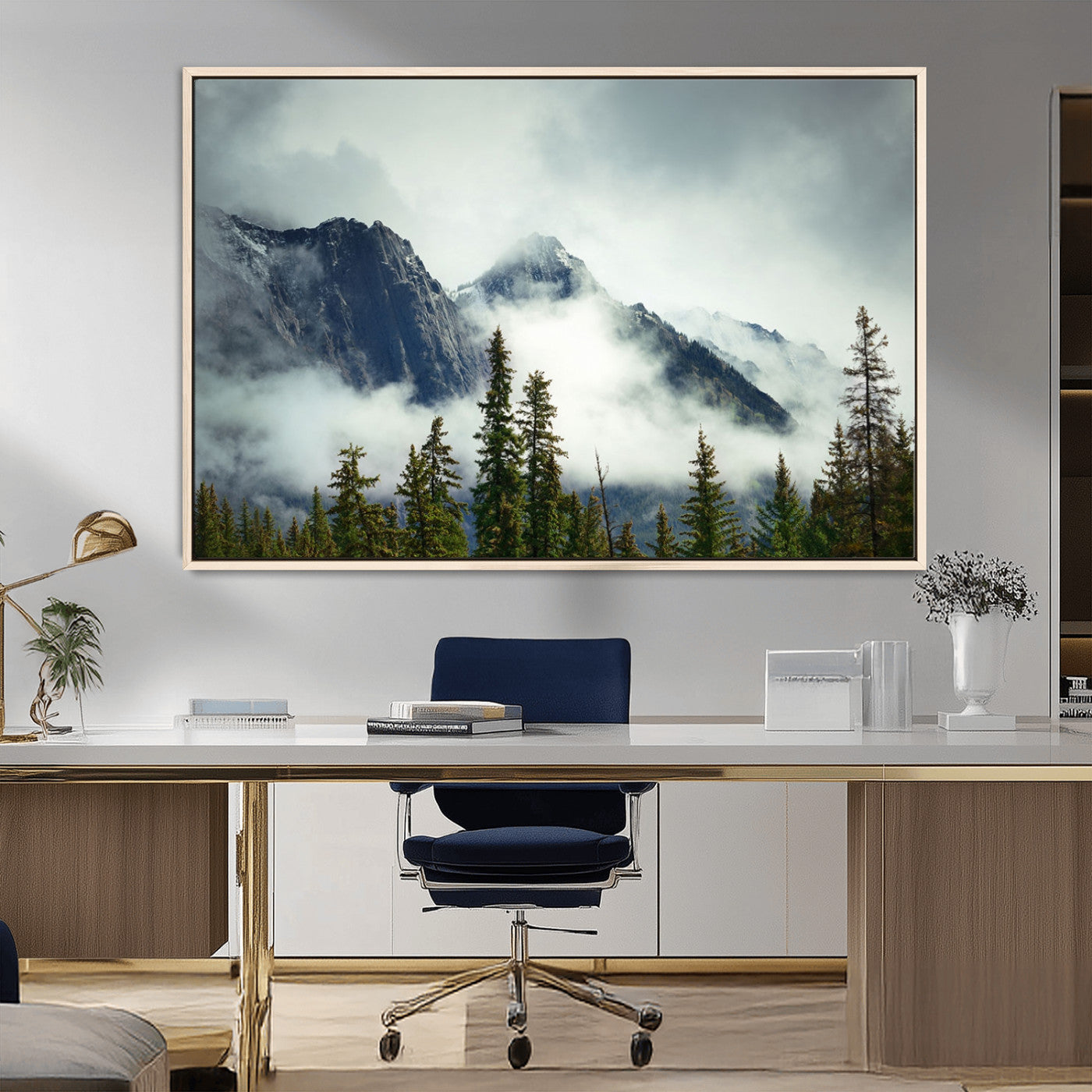 93219-MGV-FC-36X24_Natural-Misty Mountain Wall Art – Foggy Pines and Rocky Peaks Canvas Print, Nature Landscape Decor for Living Room, Office or Bedroom