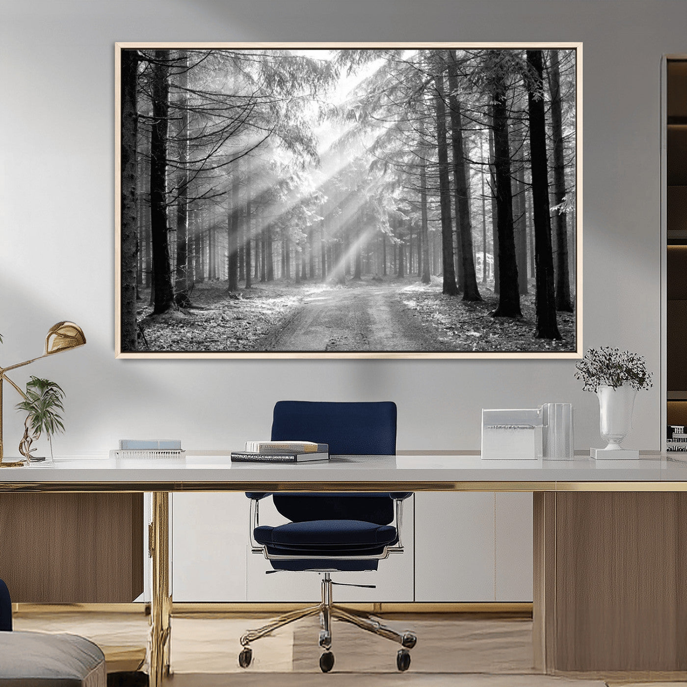 39665-MGV-CV-36X24-Black and White Forest Path Wall Art – Sunlight Rays in Trees Canvas Print, Nature Landscape Decor for Living Room