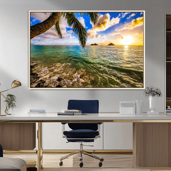 68606-MGV-CV-36X24-Tropical Palm Tree Ocean Wall Art – Sunset Beach Seascape Print, Coastal Paradise Decor for Living Room or Office