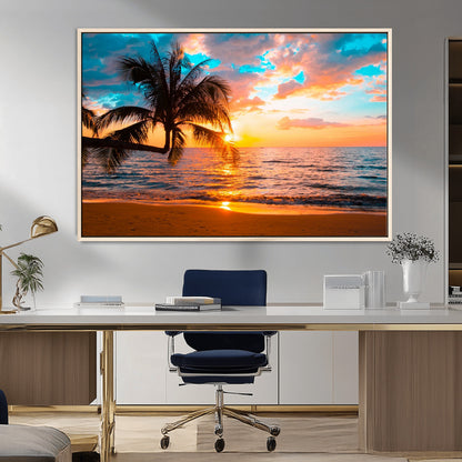 34674-MGV-CV-36X24-Tropical Sunset Beach Wall Art – Palm Tree Ocean Canvas Print, Coastal Seascape Decor for Living Room or Office Wall
