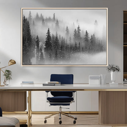 57235-MGV-CV-36X24-Misty Pine Forest Wall Art – Black and White Mountain Landscape Canvas Print, Nature Woodland Decor for Living Room, Bedroom or