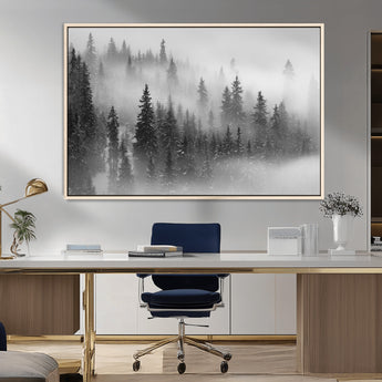 57235-MGV-CV-36X24-Misty Pine Forest Wall Art – Black and White Mountain Landscape Canvas Print, Nature Woodland Decor for Living Room, Bedroom or