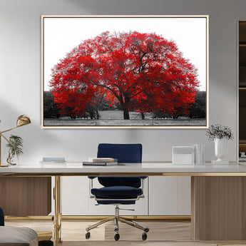 80021-MGV-CV-36X24-Red Tree Wall Art – Striking Black and White Landscape Canvas Print with Vibrant Red Leaves, Modern Nature Decor for Living Room