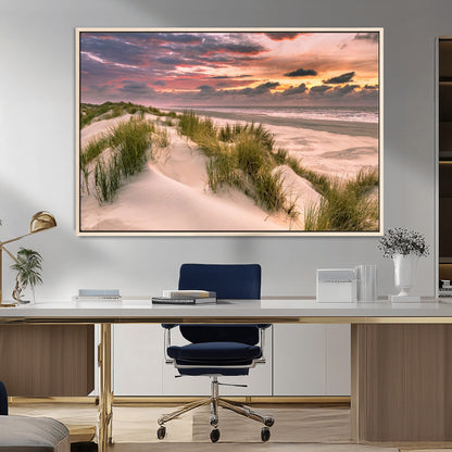 60570-MGV-CV-36X24-Beach Sunset Wall Art – Coastal Sand Dunes and Ocean Horizon Canvas Print, Tranquil Seascape Photography Decor for Living Room or