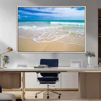 20660-MGV-CV-36X24-Ocean Wave Beach Wall Art – Serene Blue Sea and Sandy Shore Canvas Print, Coastal Landscape Photography Decor for Living Room or