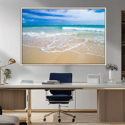 20660-MGV-CV-36X24-Ocean Wave Beach Wall Art – Serene Blue Sea and Sandy Shore Canvas Print, Coastal Landscape Photography Decor for Living Room or