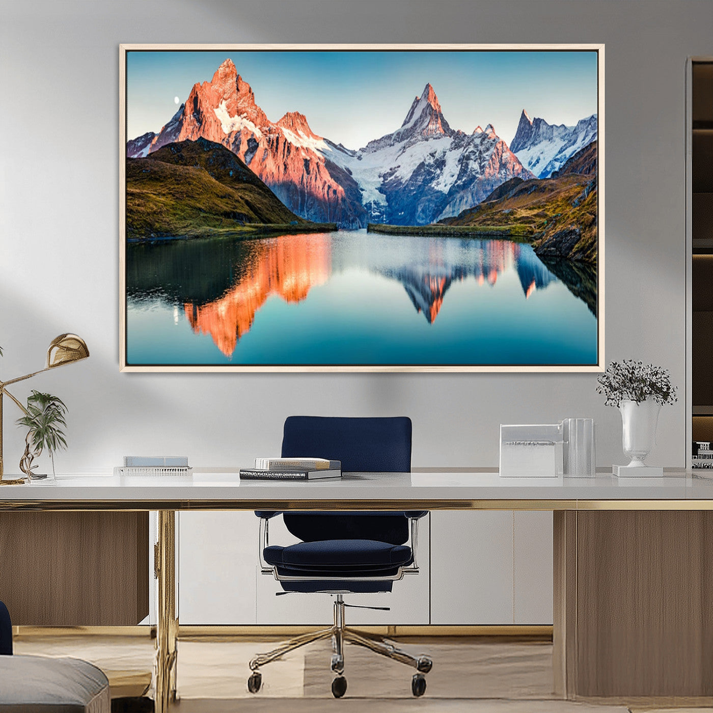 88453-MGV-CV-36X24-Mountain Lake Wall Art – Snow-Capped Peaks Reflected in Alpine Water Canvas Print, Nature Landscape Wall Decor for Living Room or