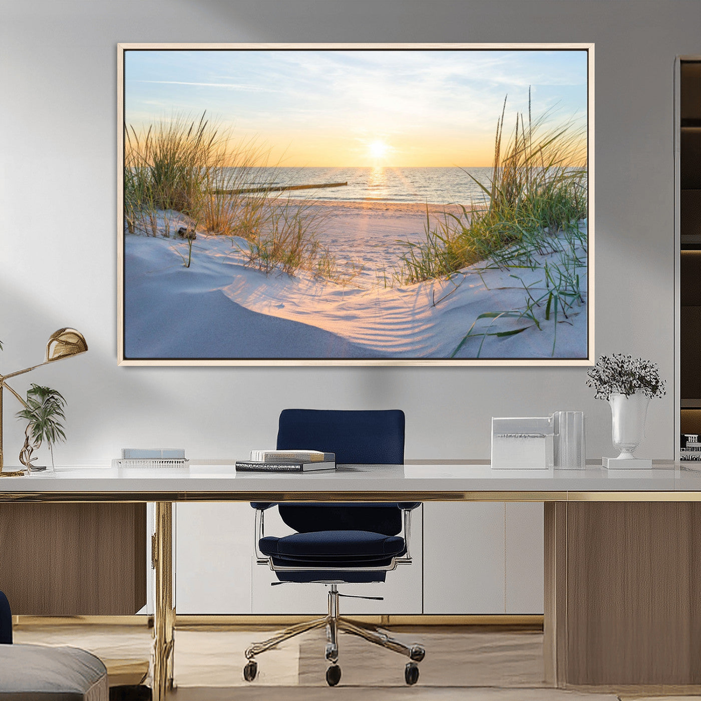 48907-MGV-CV-36X24-Beach Sunset Wall Art – Coastal Sand Dunes and Ocean View Canvas Print, Serene Seaside Landscape Painting for Living Room, Bedroom