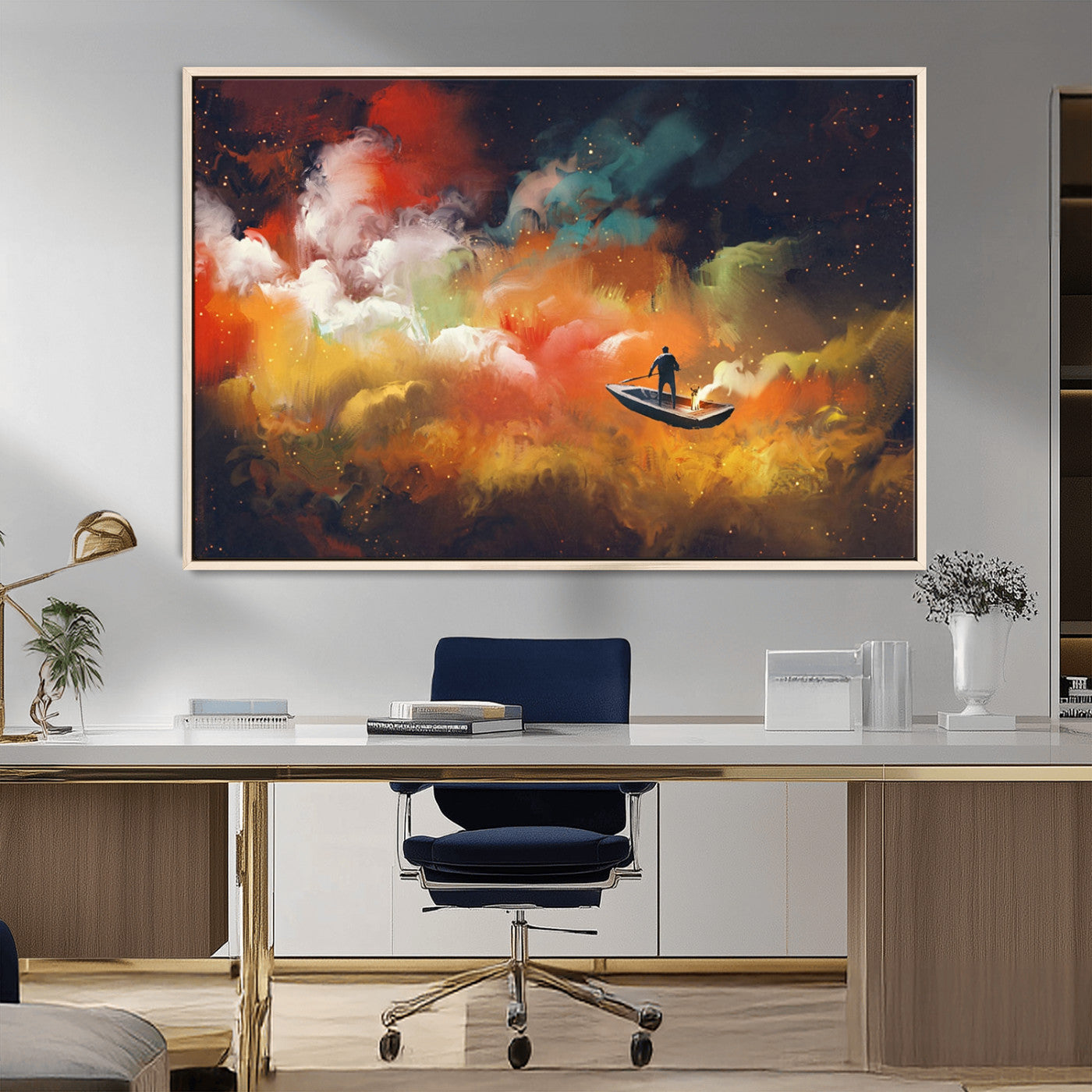 45085-MGV-CV-36X24-Surreal Cosmic Wall Art – Abstract Galaxy Dreamscape Canvas Print with Man and Dog in Boat, Fantasy Nebula Painting for Living