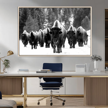 62434-MGV-FC-36X24_Natural-Bison Herd Wall Art – Majestic Black and White Buffalo Canvas Print, Wildlife Nature Photography Decor for Living Room, Office or