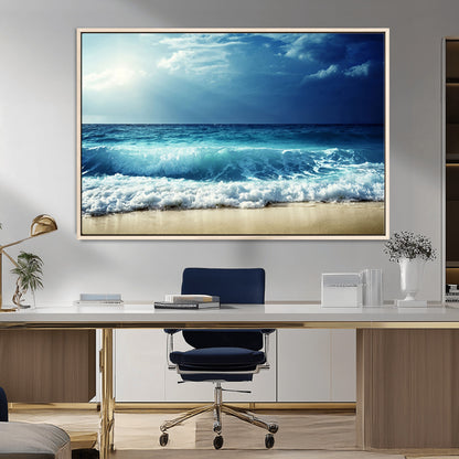 84116-MGV-CV-36X24-Ocean Wave Wall Art – Blue Sea and Beach Canvas Print, Coastal Seascape Photography Artwork for Living Room, Bedroom, or Office