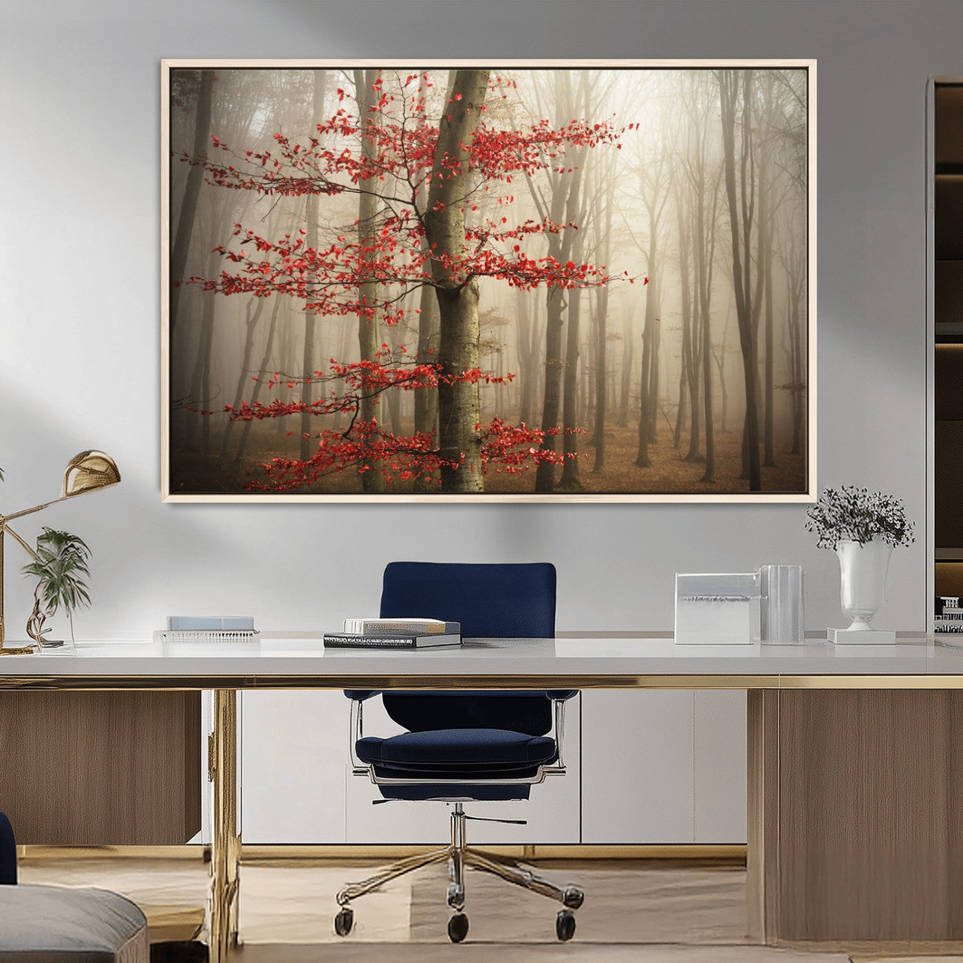61855-MGV-CV-36X24-Misty Forest Wall Art – Red Tree with Autumn Leaves Canvas Print, Moody Woodland Nature Decor for Living Room, Bedroom, or Office
