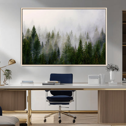 11436-MGV-CV-36X24-Misty Forest Wall Art – Tranquil Evergreen Tree Canvas Print with Foggy Landscape, Nature Inspired Artwork for Bedroom, Living