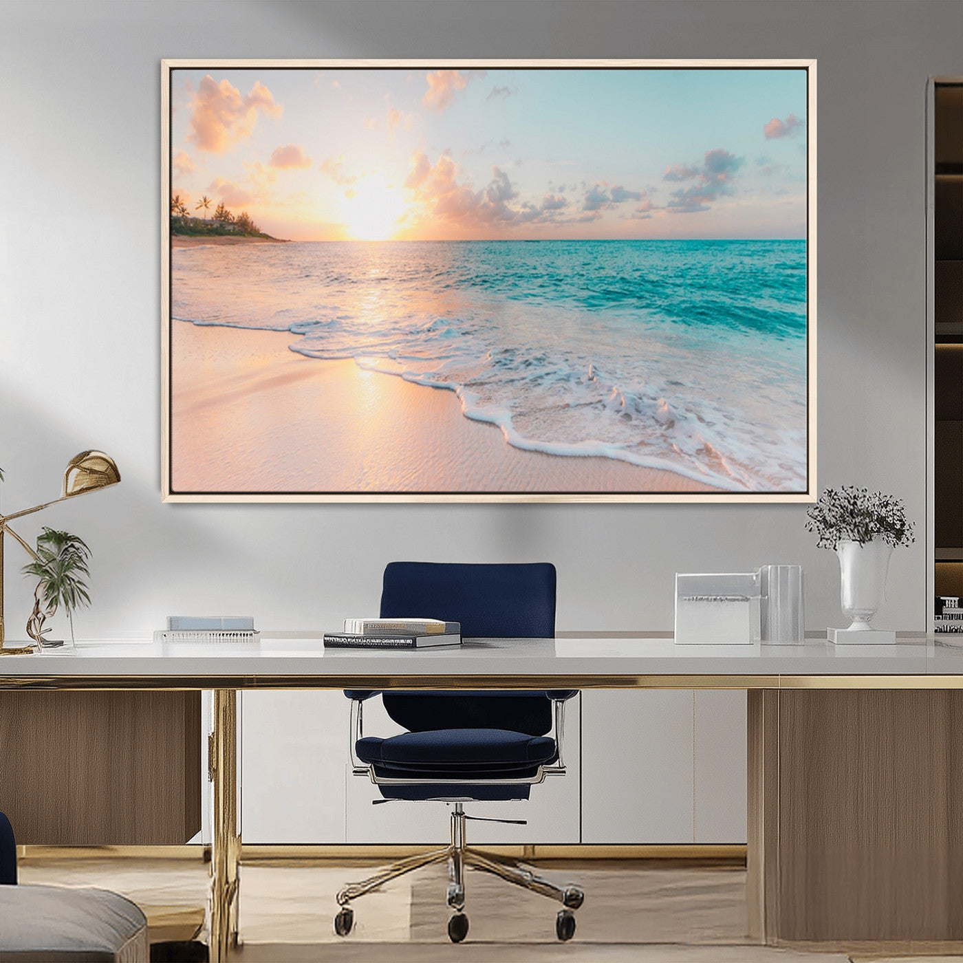 89767-MGV-FC-36X24_Natural-Ocean Sunset Wall Art – Serene Beach Canvas Print with Pastel Sky and Waves, Coastal Seascape Artwork for Bedroom, Living Room, or