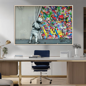 51713-MGV-CV-36X24-Colorful Graffiti Street Art Wall Mural – Child Pulling Curtain Canvas Print, Urban Pop Art, Modern Abstract Wall Decor for Living