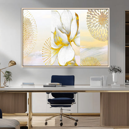 82301-MGV-FC-36X24_Natural-Modern Floral Wall Art – White Flower with Gold Detailing Canvas Print, Elegant Abstract Artwork for Living Room, Bedroom, or