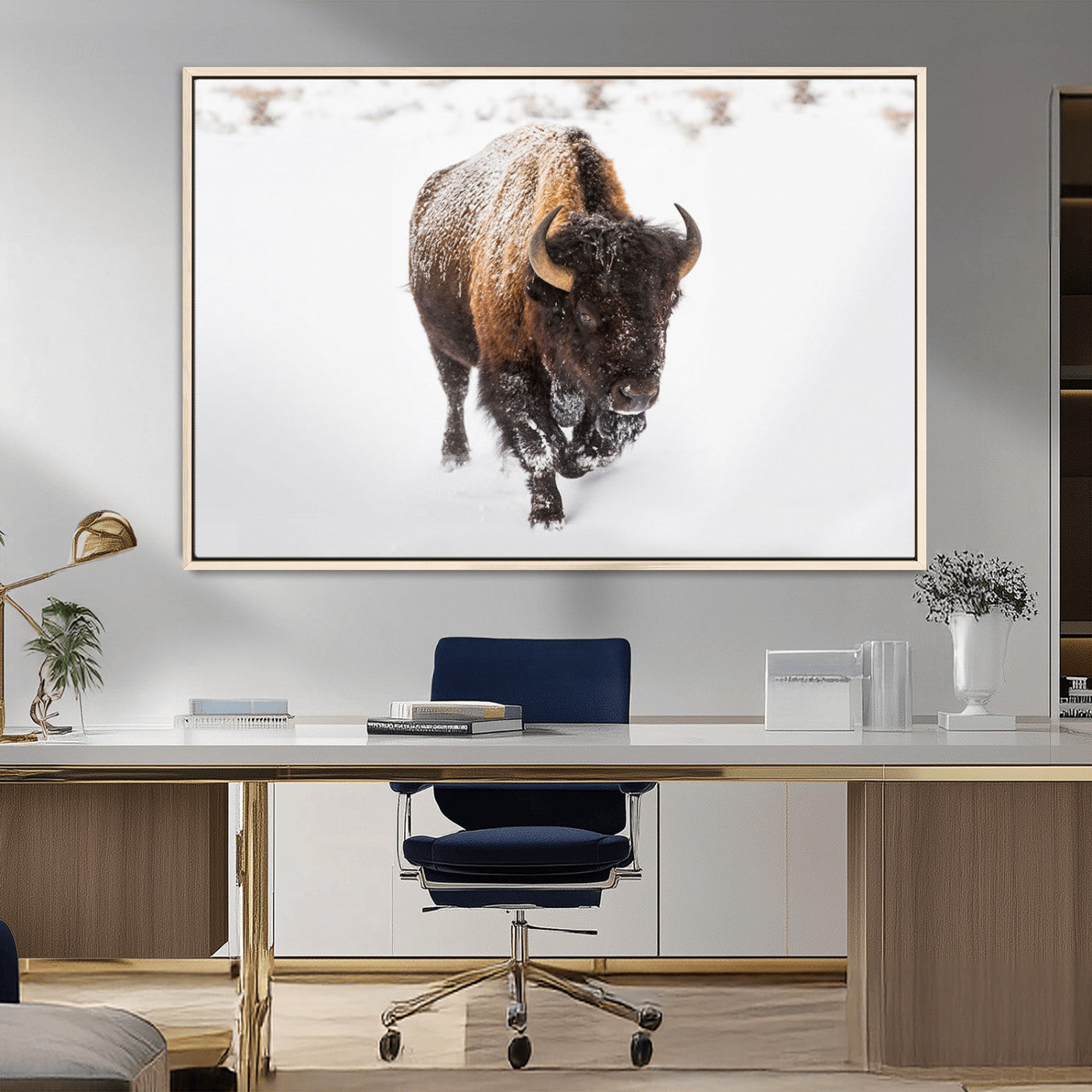 19889-MGV-CV-36X24-Snow Bison Wall Art – Majestic Buffalo Winter Landscape Canvas Print, Rustic Wildlife Photography Decor for Cabin, Lodge, Living