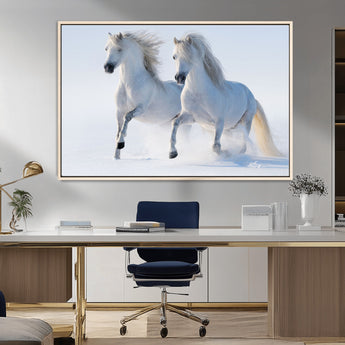 80145-MGV-CV-36X24-White Horses Running Snow Wall Art – Majestic Equine Canvas Print, Winter Nature Photography Decor for Living Room, Office,
