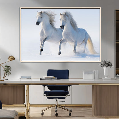 80145-MGV-CV-36X24-White Horses Running Snow Wall Art – Majestic Equine Canvas Print, Winter Nature Photography Decor for Living Room, Office,