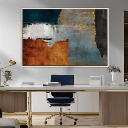 35026-MGV-FC-36X24_Natural-Abstract Canvas Wall Art – Modern Teal, Rust, Black and Gold Textured Painting, Contemporary Decor for Living Room, Bedroom or