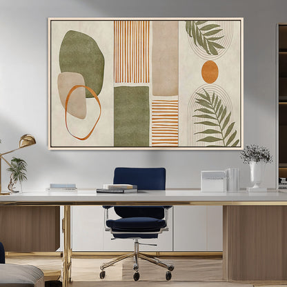 96002-MGV-FC-36X24_Natural-Abstract Geometric Wall Art – Modern Canvas Print with Green, Orange & Beige Shapes, Minimalist Home Decor for Living Room, Office