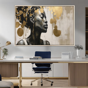 65669-MGV-CV-36X24-Elegant Black Woman Wall Art – Modern Abstract Portrait Canvas with Gold Accents, Contemporary Afrocentric Decor for Living Room