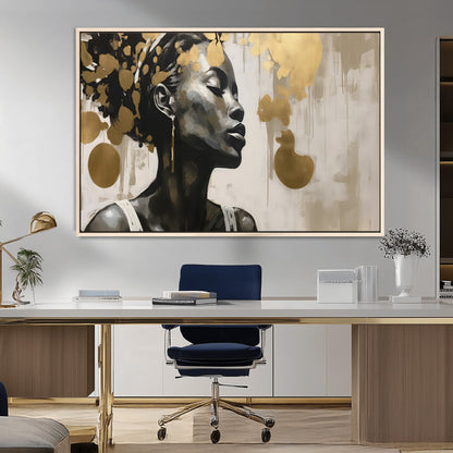65669-MGV-CV-36X24-Elegant Black Woman Wall Art – Modern Abstract Portrait Canvas with Gold Accents, Contemporary Afrocentric Decor for Living Room