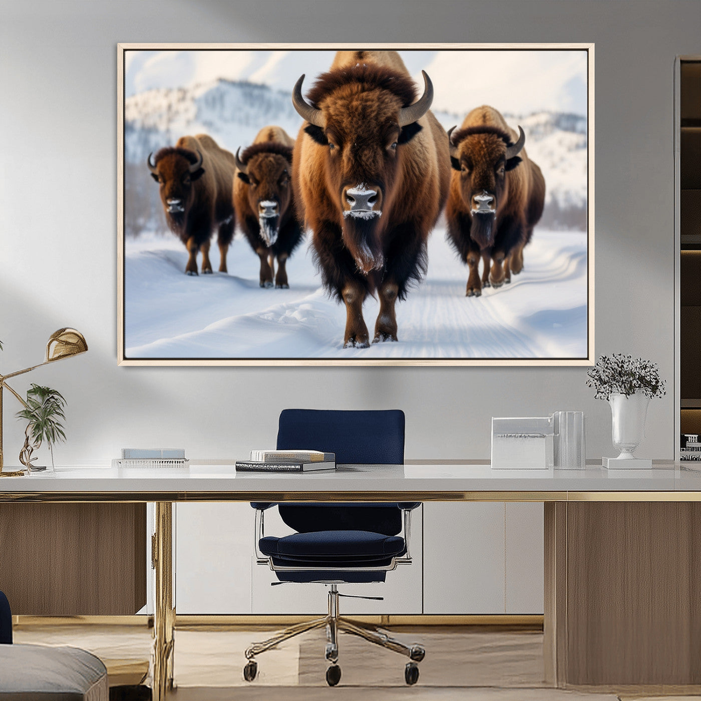 56701-MGV-FC-36X24_Natural-Bison Herd Wall Art – Buffalo Walking in Snowy Mountains Canvas Print, Rustic Wildlife Decor for Cabin, Lodge, or Living Room