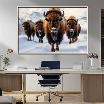 56701-MGV-FC-36X24_Natural-Bison Herd Wall Art – Buffalo Walking in Snowy Mountains Canvas Print, Rustic Wildlife Decor for Cabin, Lodge, or Living Room