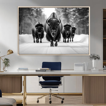 45287-MGV-FC-36X24_Natural-Bison Herd Wall Art – Black and White Buffalo Snow Road Canvas Print, Rustic Wildlife Decor for Cabin, Lodge or Living Room