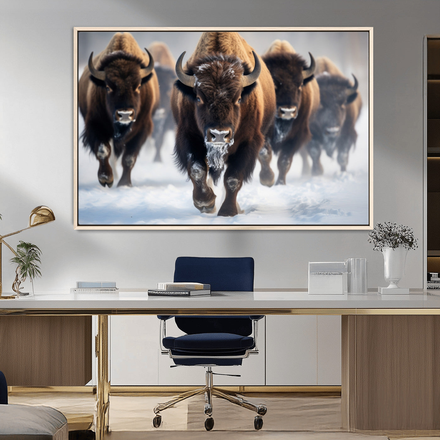 80512-MGV-CV-36X24-Bison Herd Wall Art – Buffalo Running in Snow Canvas Print, Rustic Wildlife Photography Decor for Cabin, Lodge, or Living Room