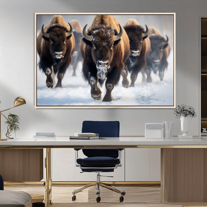 80512-MGV-CV-36X24-Bison Herd Wall Art – Buffalo Running in Snow Canvas Print, Rustic Wildlife Photography Decor for Cabin, Lodge, or Living Room
