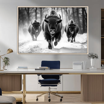 97552-MGV-CV-36X24-Black and White Bison Wall Art – Buffalo Herd Running in Snow Canvas Print, Rustic Wildlife Photography Decor for Cabin, Lodge, or