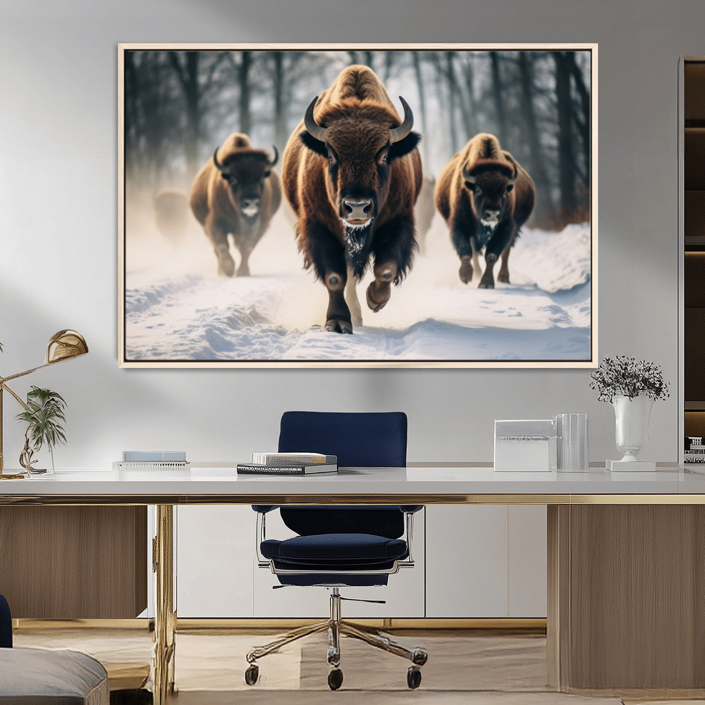 56549-MGV-FC-36X24_Natural-Wild Bison Wall Art – Majestic Buffalo Herd Running in Snow Canvas Print, Rustic Wildlife Photography Decor for Cabin, Lodge, or