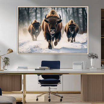 56549-MGV-CV-36X24-Wild Bison Wall Art – Majestic Buffalo Herd Running in Snow Canvas Print, Rustic Wildlife Photography Decor for Cabin, Lodge, or