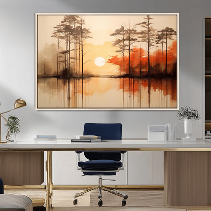 51083-MGV-CV-36X24-Sunset Lake Forest Wall Art – Serene Trees and Orange Sky Reflection Canvas Print, Tranquil Nature Decor for Living Room, Office