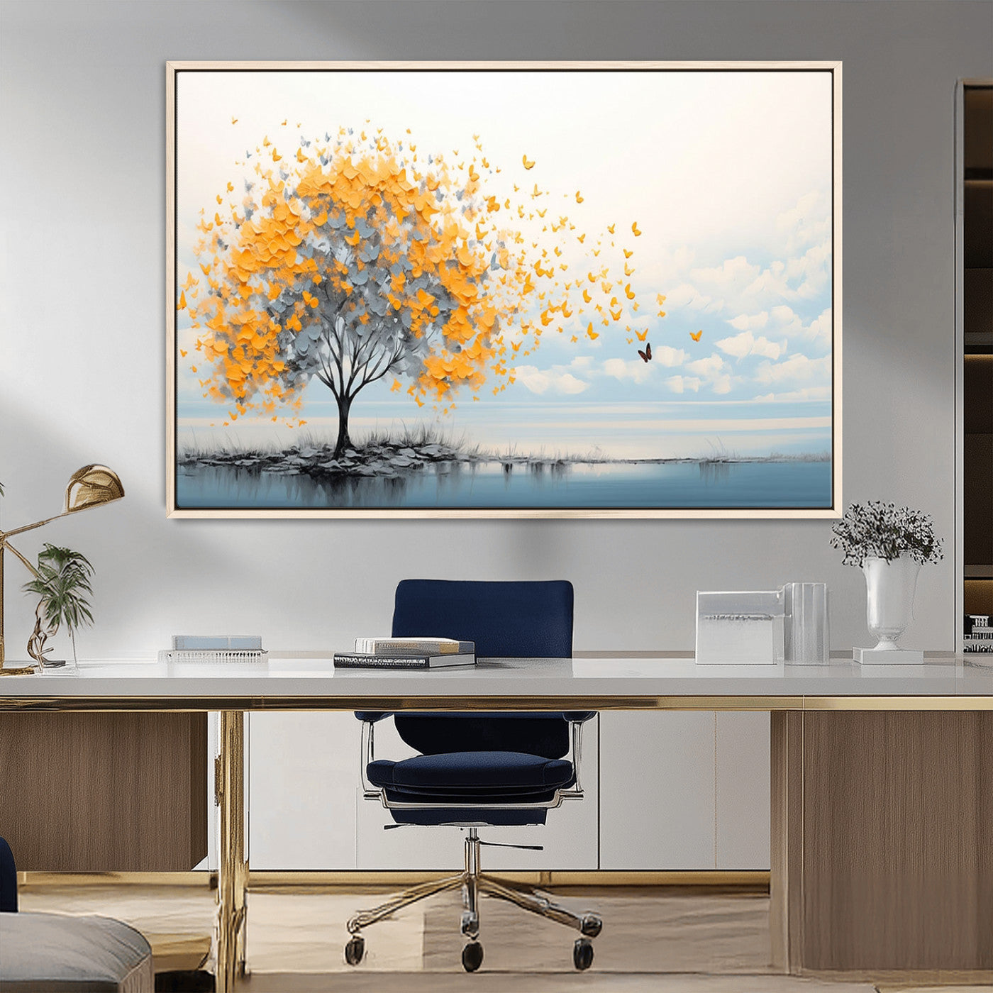 23385-MGV-FC-36X24_Natural-Golden Butterfly Tree Wall Art – Abstract Yellow and Gray Canvas Print, Modern Nature Artwork for Living Room, Bedroom or Office