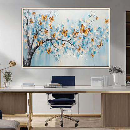 59455-MGV-CV-36X24-Butterfly Tree Branch Wall Art – Blue and Yellow Abstract Canvas Print, Modern Nature Artwork for Living Room, Bedroom or Office