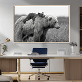 76338-MGV-CV-36X24-Mother Bear and Cub Wall Art – Black and White Wildlife Canvas Print, Rustic Nature Photography for Cabin, Living Room or Office