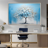 25021-MGV-FC-36X24_Natural-Abstract Tree Wall Art – Blue and White Canvas Painting with Gold Accents, Modern Nature-Inspired Artwork for Living Room, Bedroom