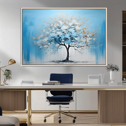 25021-MGV-FC-36X24_Natural-Abstract Tree Wall Art – Blue and White Canvas Painting with Gold Accents, Modern Nature-Inspired Artwork for Living Room, Bedroom