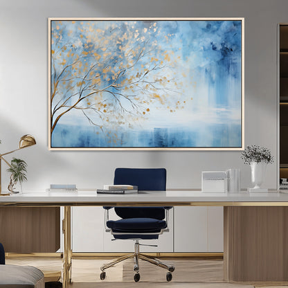 23891-MGV-FC-36X24_Natural-Abstract Tree Wall Art – Minimalist Blue and Gold Canvas Painting, Elegant Nature-Inspired Artwork for Living Room, Bedroom or