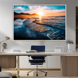 26494-MGV-CV-36X24-Ocean Sunset Wall Art – Scenic Beach Canvas Print with Waves and Mountains, Coastal Seascape Photography for Living Room, Bedroom