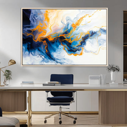 83720-MGV-CV-36X24-Abstract Fluid Wall Art – Blue, White and Gold Swirl Canvas Painting, Modern Contemporary Artwork for Living Room, Bedroom or